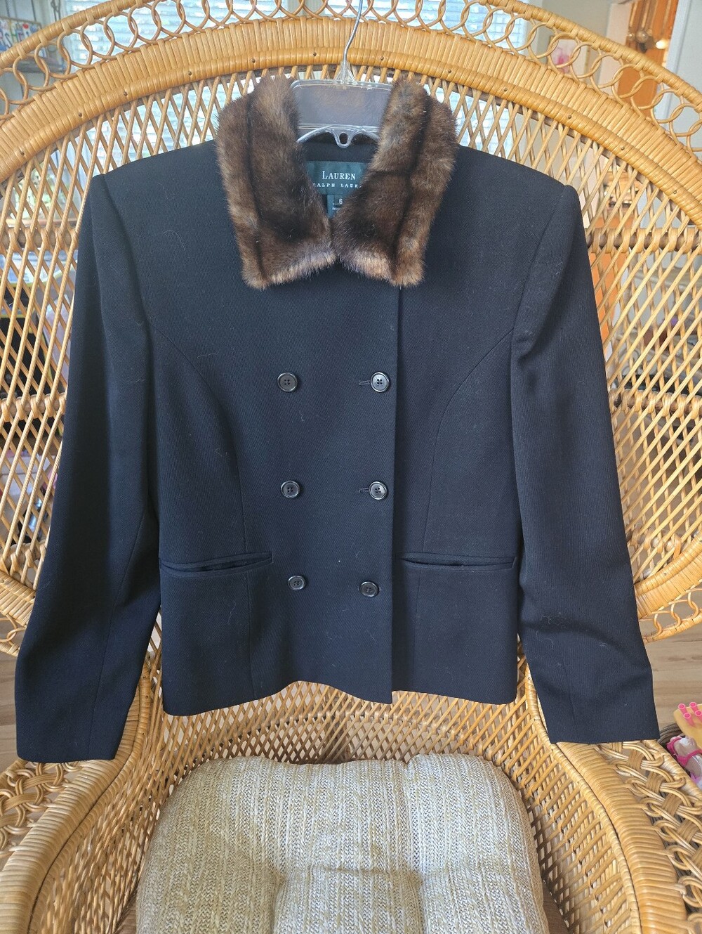 LAUREN Ralph Lauren Black Wool Double-Breasted Blazer with Brown Faux Fur Collar
